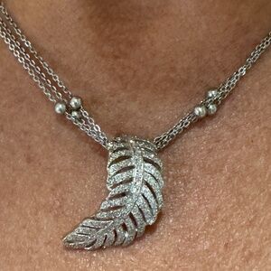Antique Curved Feather Diamond Pendant, 14k or 18k white gold, 3.2g - No Chain